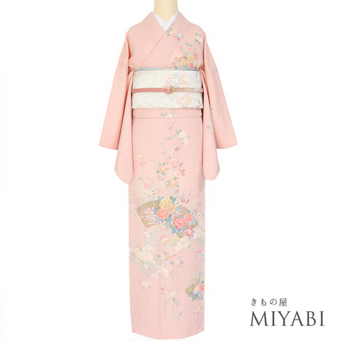 訪問着 リサイクル 身丈162.3cm 裄67.4cm 袷 地紙に牡丹柄 ピンク Lサイズ フォーマル セミフォーマル 落款 正絹 広衿 Sランク