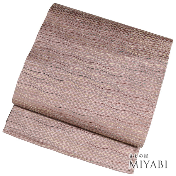 袋帯 リサイクル 帯丈444cm 六通 格子に横ラメ柄 1274藤本謹製 ピンク Mサイズ 正絹 Sランク お洒落