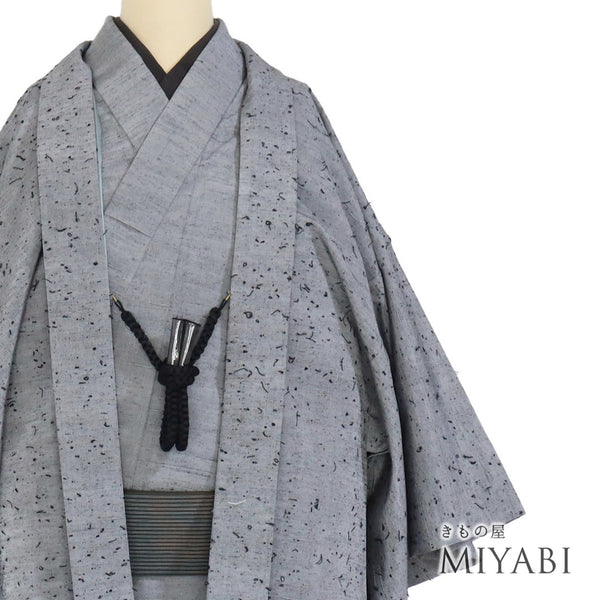 アンサンブル 男物 リサイクル 身丈144.3cm 裄70.2cm 羽織丈93cm 袷 紬 ゆったり グレー Sサイズ お洒落 カジュアル 正絹 棒衿 Sランク