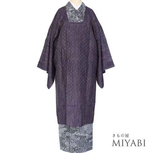 道行コート リサイクル 身丈111.8cm 裄71.6cm 単衣 格子柄 スリーシーズン 薄物 奄美大島本泥染 パープル LLサイズ お洒落 証紙 正絹 Sランク