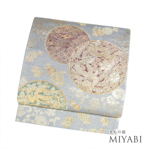 袋帯 リサイクル 帯丈438cm 六通 松に鳥や花柄 本金箔蒔絵 グレー Mサイズ 正絹 Sランク フォーマル セミフォーマル