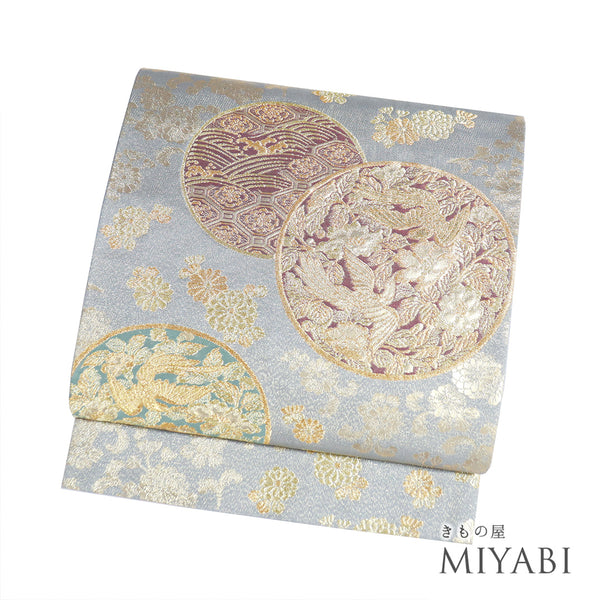 袋帯 リサイクル 帯丈438cm 六通 松に鳥や花柄 本金箔蒔絵 グレー Mサイズ 正絹 Sランク フォーマル セミフォーマル