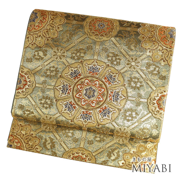 袋帯 リサイクル 帯丈428cm 六通 古代彫金紋 ゴールド Sサイズ 正絹 Aランク フォーマル セミフォーマル