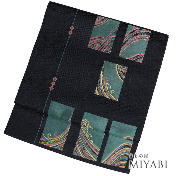 名古屋帯 リサイクル 帯丈355cm 六通 波柄 本場筑前 ブラック Sサイズ 正絹 Aランク お洒落 証紙