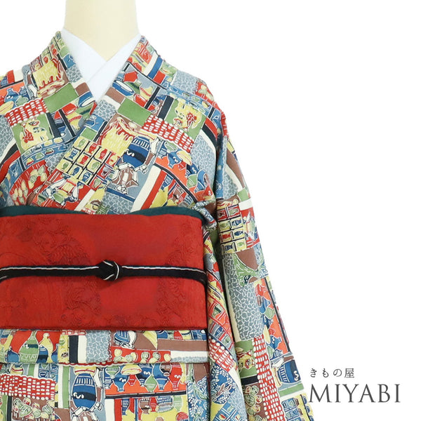 小紋 リサイクル 身丈159.5cm 裄64.8cm 袷 陶芸に花瓶や壺柄 多色 Mサイズ お洒落 カジュアル 正絹 広衿 Aランク