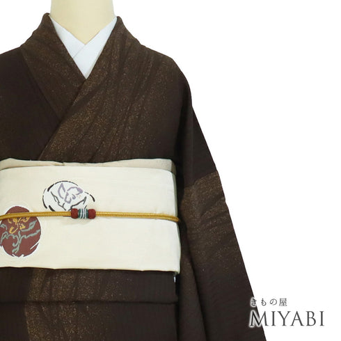 小紋 リサイクル 身丈156cm 裄66.4cm 袷 臈纈染 パールトーン加工 ブラウン Mサイズ お洒落 カジュアル 正絹 広衿 Sランク