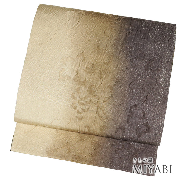 袋帯 リサイクル 帯丈454cm 全通 葡萄柄 縦ぼかし ブラウン Lサイズ 正絹 新品・未使用品 お洒落