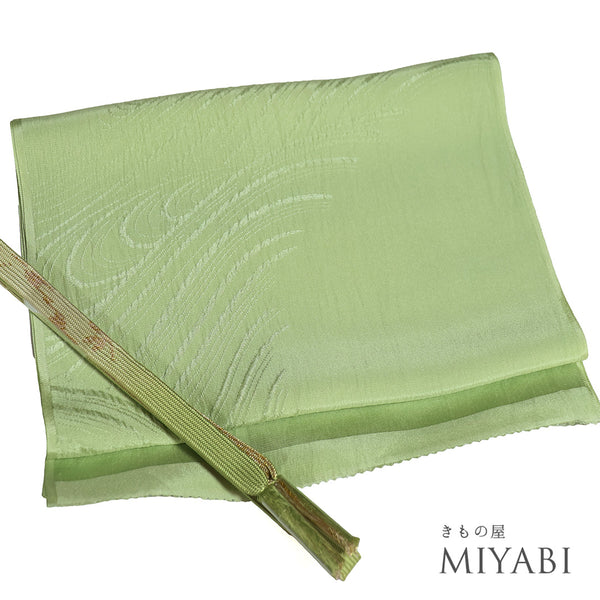 帯締め・帯揚げセット リサイクル お洒落 平組紐 ちりめん グリーン 正絹 新品・未使用品 地紋