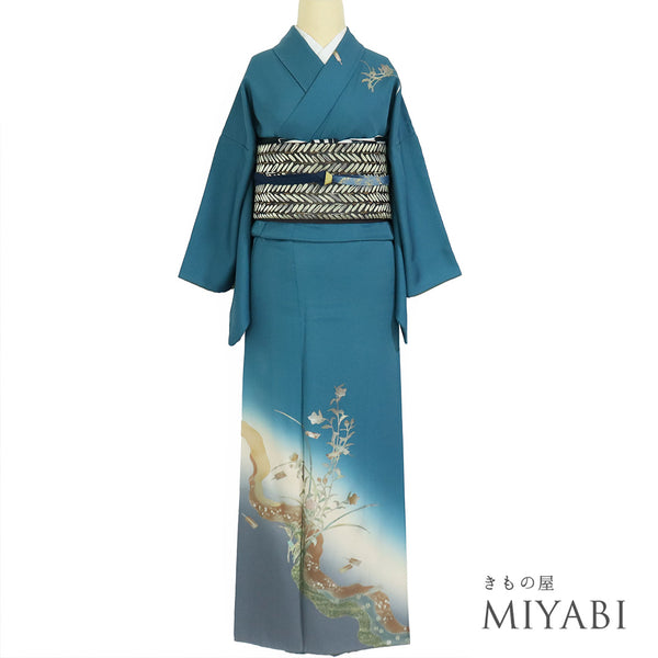 付下げ リサイクル 身丈153.5cm 裄64.8cm 袷 金彩 雲取り 花柄 ブルー Sサイズ フォーマル セミフォーマル 一つ紋 正絹 広衿 Sランク