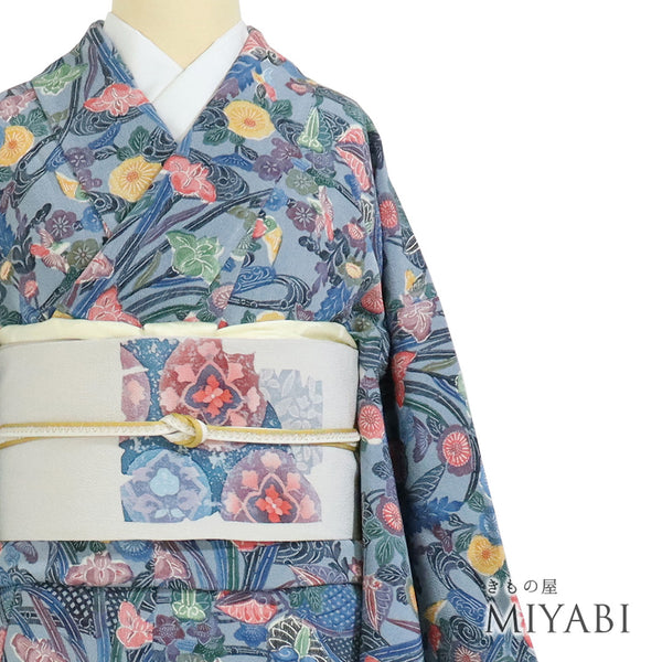 小紋 リサイクル 身丈155.8cm 裄62cm 袷 花や鳥柄 ブルー Mサイズ お洒落 正絹 広衿 Sランク