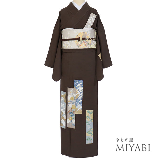 付下げ リサイクル 身丈156.5cm 裄64.4cm 袷 短冊絵柄 地紋 パールトーン加工 ゆったり ブラウン Mサイズ セミフォーマル お洒落 一つ紋 正絹 広衿 Sランク
