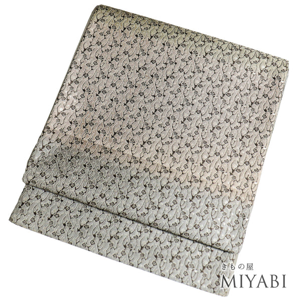 袋帯 リサイクル 帯丈440cm 六通 梅木柄 段ボカシ模様 グレー Mサイズ 正絹 Sランク お洒落