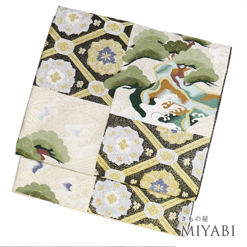 袋帯 リサイクル 帯丈458cm ポイント柄 蜀江に波や松柄 ゴールド Lサイズ 正絹 新品・未使用品 フォーマル セミフォーマル