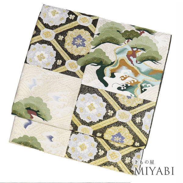 袋帯 リサイクル 帯丈458cm ポイント柄 蜀江に波や松柄 ゴールド Lサイズ 正絹 新品・未使用品 フォーマル セミフォーマル