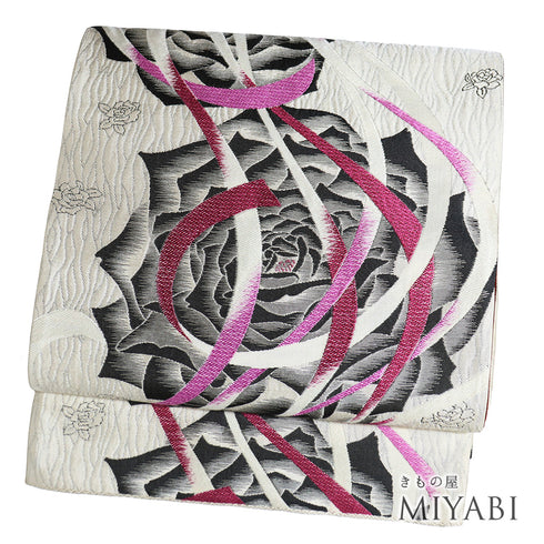 袋帯 リサイクル 帯丈444cm 全通 薔薇やリボン柄 EYE ホワイト Mサイズ 正絹 未使用品 フォーマル お洒落