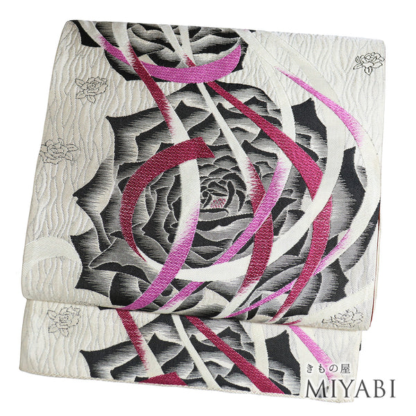 袋帯 リサイクル 帯丈444cm 全通 薔薇やリボン柄 EYE ホワイト Mサイズ 正絹 未使用品 フォーマル お洒落