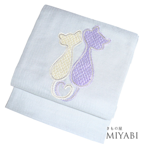 名古屋帯 リサイクル 帯丈373.4cm ポイント柄 猫柄 刺繍 ブルー Mサイズ 正絹 Sランク カジュアル お洒落