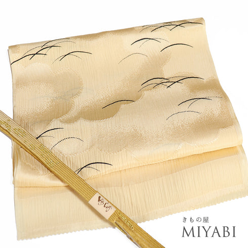 帯締め・帯揚げセット リサイクル お洒落 平組紐 ちりめん イエロー 正絹 新品・未使用品 地紋