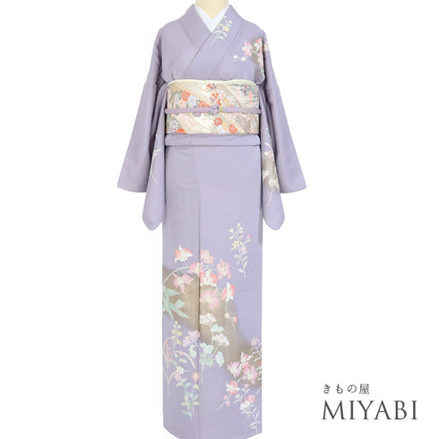 訪問着 リサイクル 身丈175.5cm 裄68.2cm 袷 花柄 箔 パープル LLサイズ セミフォーマル 正絹 広衿 Aランク