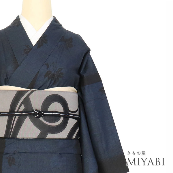 紬 リサイクル 身丈161.3cm 裄65.2cm 袷 都喜エ門 鶴柄 ネイビー Lサイズ お洒落 証紙 正絹 広衿 Sランク