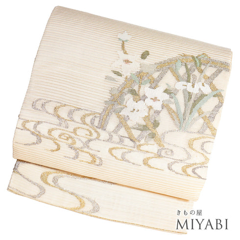 袋帯 リサイクル 帯丈456cm ポイント柄 花柄 夏用 ベージュ Lサイズ 正絹 Sランク お洒落