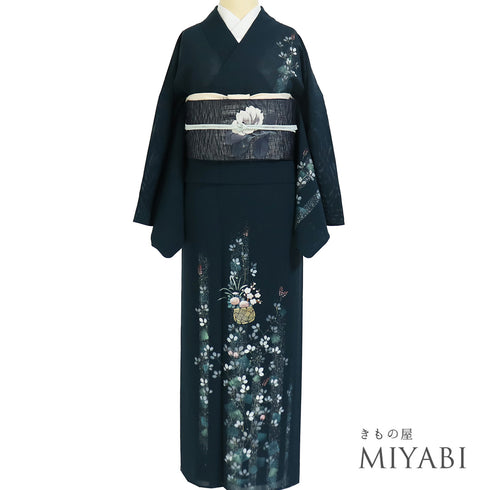 付下げ リサイクル 夏着物 身丈165.2cm 裄67.8cm 絽 花籠に萩柄 箔 後身頃居敷当て付き グリーン Lサイズ セミフォーマル お洒落 正絹 広衿 Aランク