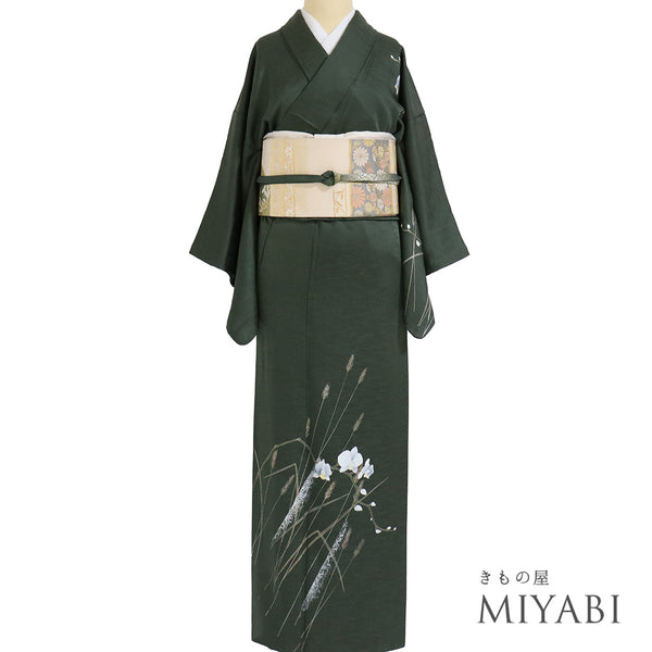 付下げ リサイクル 身丈157.2cm 裄62.4cm 袷 胡蝶蘭 草花柄 箔 グリーン Mサイズ フォーマル セミフォーマル 正絹 広衿 Sランク