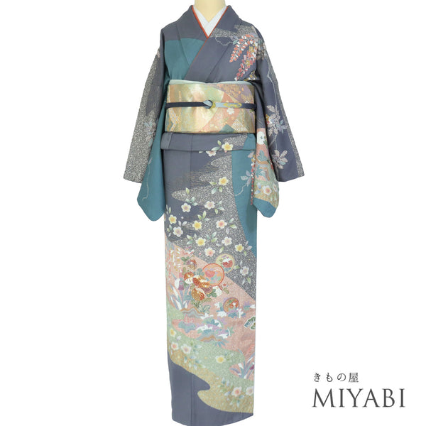 訪問着 リサイクル 身丈165.7cm 裄68.4cm 袷 重ね衿付き 絞り加工 花柄 金駒刺繡 ブルー LLサイズ セミフォーマル 正絹 広衿 Sランク