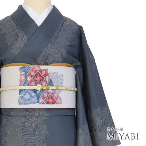 大島紬 リサイクル 身丈161.5cm 裄65cm 袷 葉影シルエットとぼかし柄 ブルー Lサイズ お洒落 カジュアル 正絹 広衿 Sランク