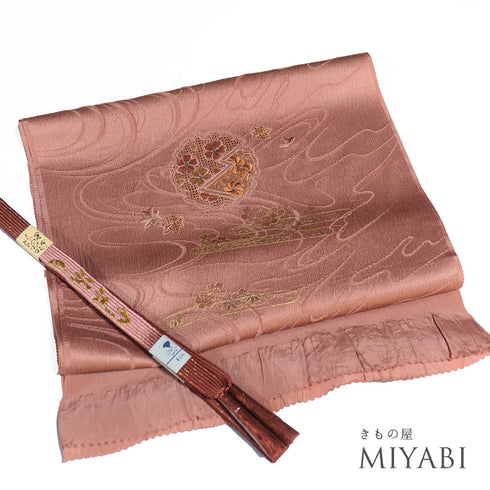 帯締め・帯揚げセット リサイクル お洒落 平組紐 ちりめん オレンジ 正絹 新品・未使用品 地紋 雪輪に花柄 刺繍