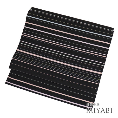 名古屋帯 リサイクル 帯丈411cm 全通 爪織本つづれ帯 八寸 作家物 重岡考雲 横縞柄 綴織り加工 ブラック LLサイズ 正絹 Sランク カジュアル お洒落