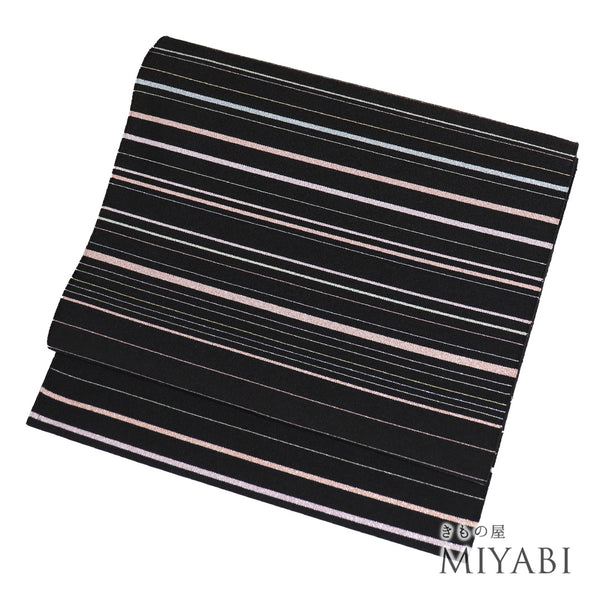 名古屋帯 リサイクル 帯丈411cm 全通 爪織本つづれ帯 八寸 作家物 重岡考雲 横縞柄 綴織り加工 ブラック LLサイズ 正絹 Sランク カジュアル お洒落