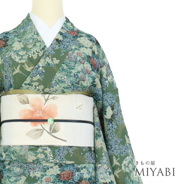 小紋 リサイクル 身丈152.8cm 裄66.8cm 袷 鶴に模様 箔 パールトーン加工 グリーン Sサイズ お洒落 カジュアル 正絹 広衿 Aランク