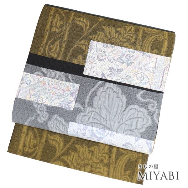 袋帯 リサイクル 帯丈470cm 全通 ポイント柄 唐草に葡萄柄 パッチワーク 多色 LLサイズ 正絹 未使用品 お洒落