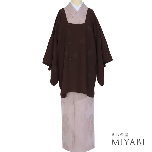 コート リサイクル 身丈85.5cm 裄65cm 袷 レース 花柄 ブラウン Mサイズ お洒落 正絹 Sランク