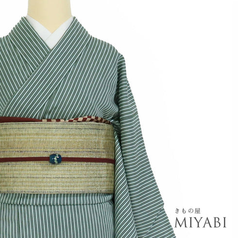 小紋 リサイクル 身丈154.3cm 裄63.2cm 袷 縞柄 斎藤三才 パールトーン加工 グリーン Sサイズ お洒落 正絹 広衿 Aランク