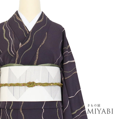 小紋 リサイクル 身丈163.8cm 裄66.8cm 袷 曲線柄 パープル Lサイズ お洒落 カジュアル 正絹 広衿 Aランク