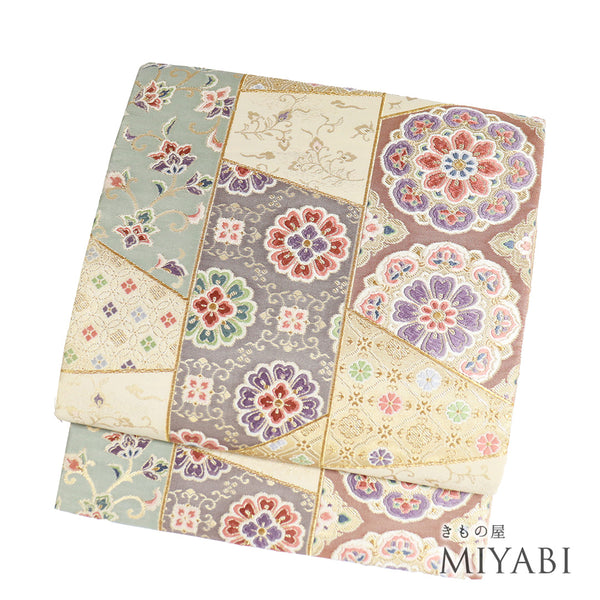 袋帯 リサイクル 帯丈436cm 六通 宝飾献上華文 メモリヤンコート 西陣織 ゴールド Mサイズ 正絹 Sランク フォーマル セミフォーマル