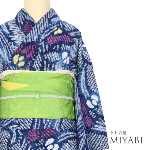 浴衣 リサイクル 夏着物 身丈158.5cm 裄63cm 夏物 絞り あやめ柄 ネイビー Mサイズ カジュアル 木綿 洗える着物 バチ衿 Aランク