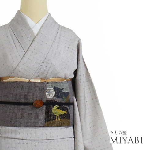 紬 リサイクル 身丈163.5cm 裄65.6cm 袷 格子柄 パープル Lサイズ カジュアル 正絹 広衿 Aランク