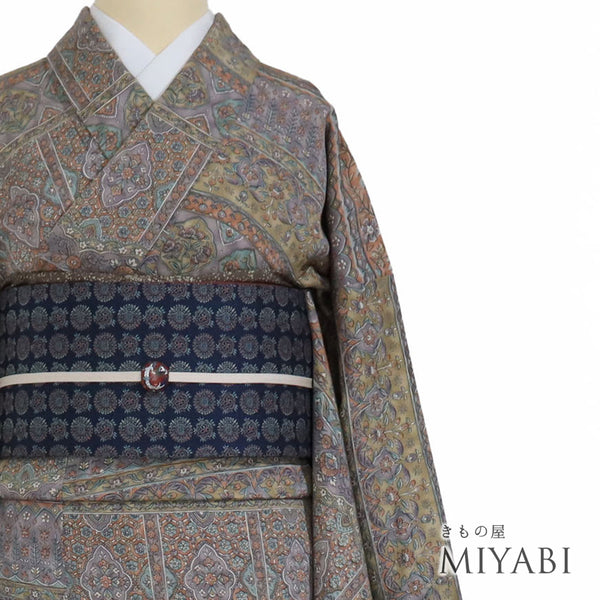 小紋 リサイクル 身丈164cm 裄66.8cm 袷 オリエンタル柄 多色 Lサイズ お洒落 カジュアル 正絹 広衿 Sランク