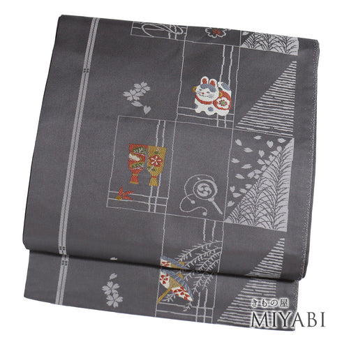 名古屋帯 リサイクル 帯丈357cm 六通 玩具尽くし柄 グレー Sサイズ 正絹 Sランク お洒落