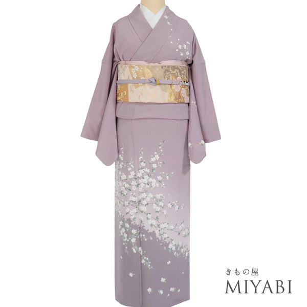 訪問着 リサイクル 身丈160.5cm 裄66.2cm 袷 桜柄 花枝模様 パープル Lサイズ セミフォーマル お洒落 一つ紋 正絹 広衿 Sランク