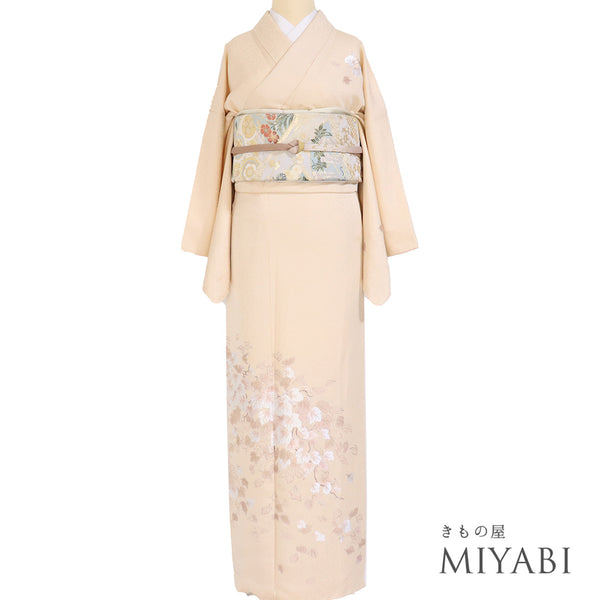 付下げ リサイクル 身丈166.5cm 裄66.8cm 袷 蔦柄 地紋 刺繍 ベージュ LLサイズ セミフォーマル お洒落 正絹 広衿 Aランク