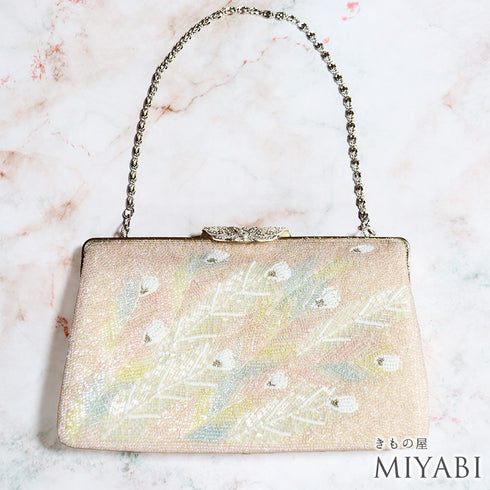 バッグ ピンク ビーズ Sランク 孔雀の羽柄