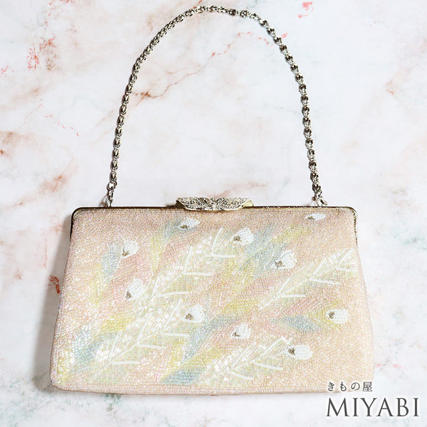 バッグ ピンク ビーズ Sランク 孔雀の羽柄