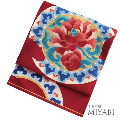 名古屋帯 リサイクル 帯丈334.8cm ポイント柄 牡丹柄 綴れ織り レッド SSサイズ 正絹 Aランク お洒落