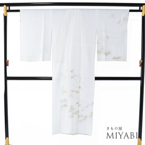 長襦袢 リサイクル 長襦袢 身丈133cm 裄66.8cm 袷 絵羽柄 半衿なし 鶴や松柄 地紋 ホワイト Lサイズ フォーマル 正絹 Aランク