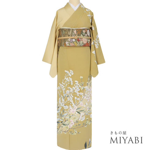 訪問着 リサイクル 身丈159.7cm 裄66.4cm 袷 花枝柄 加賀友禅 イエロー Mサイズ セミフォーマル お洒落 正絹 広衿 Sランク