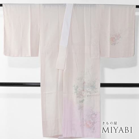 長襦袢 リサイクル 長襦袢 身丈120cm 裄64.4cm 袷 絵羽柄 花柄 後身頃居敷当て付き ピンク Sサイズ しつけ糸 正絹 袖無双 Sランク